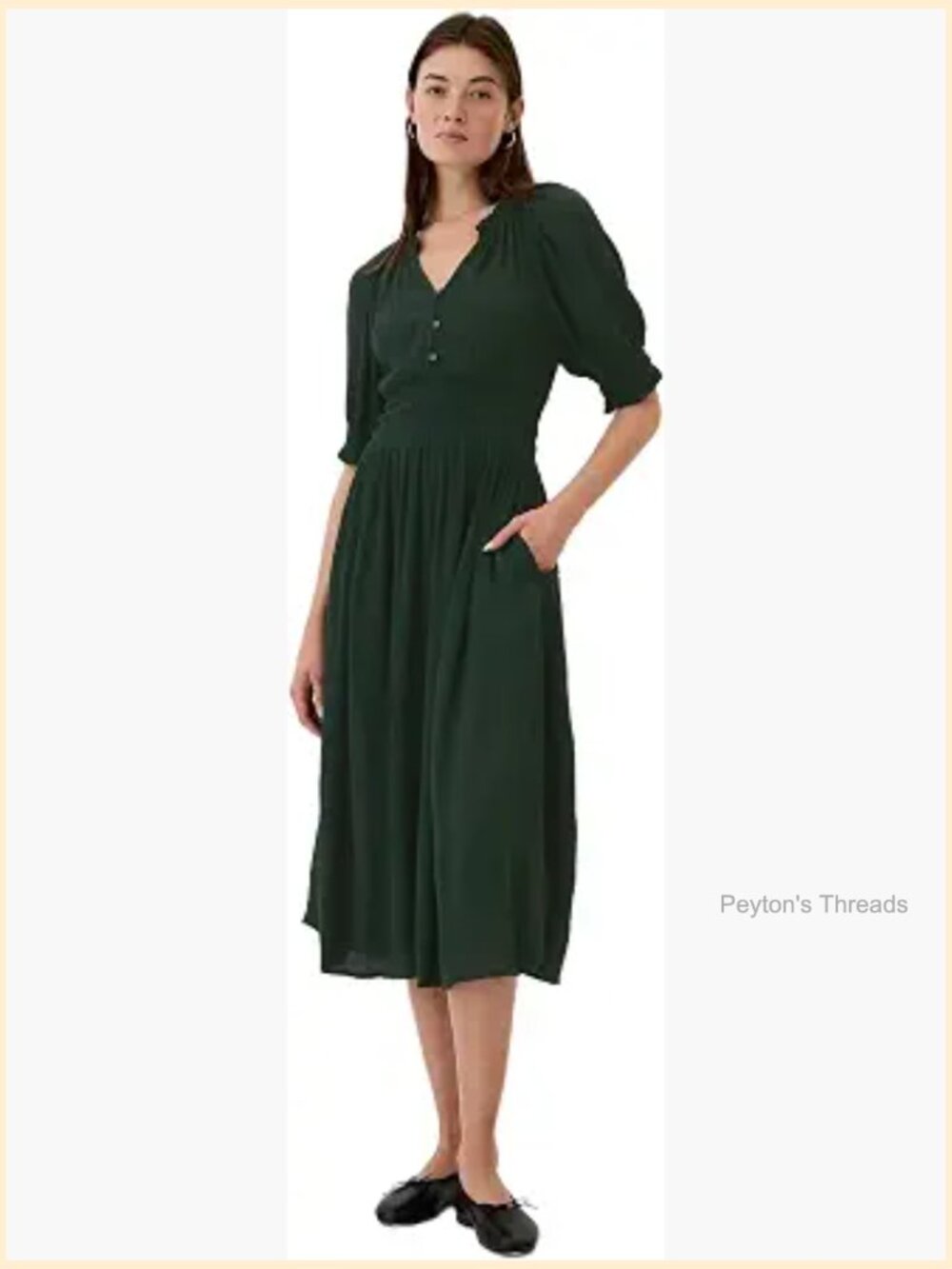 Short Sleeve Splitneck Midi Dress, Pull On, Fitted Waist